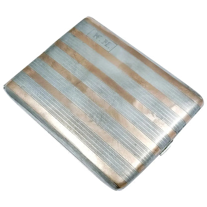 American Art Deco sterling silver cigarette / card case inlaid with 14k yellow gold bands