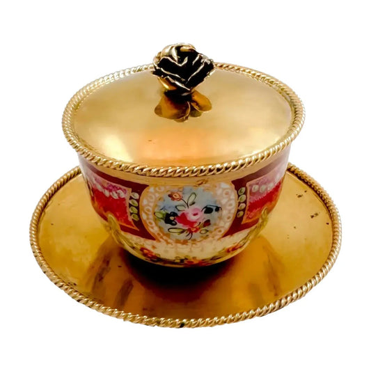 18th century floral Rococo Meissen Marcolini sucrier, gilt silver lid and saucer