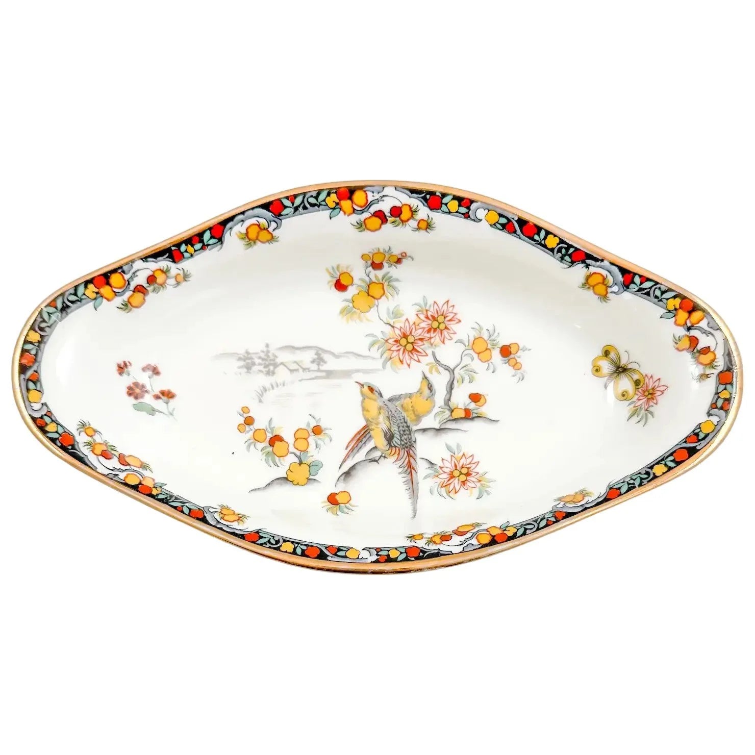 Vintage French Limoges porcelain candy dish with paradise bird motif