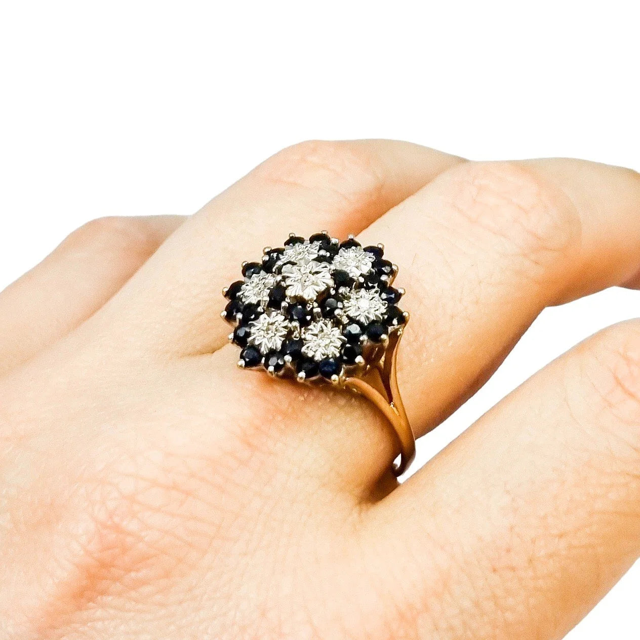 Large vintage sapphire, diamond 9kt yellow gold dome cluster cocktail ring, size R ½