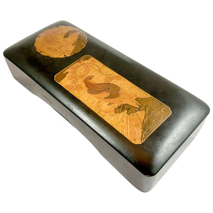 Japanese Meiji black lacquer document box, gold takamaki-e crane and bird of prey design