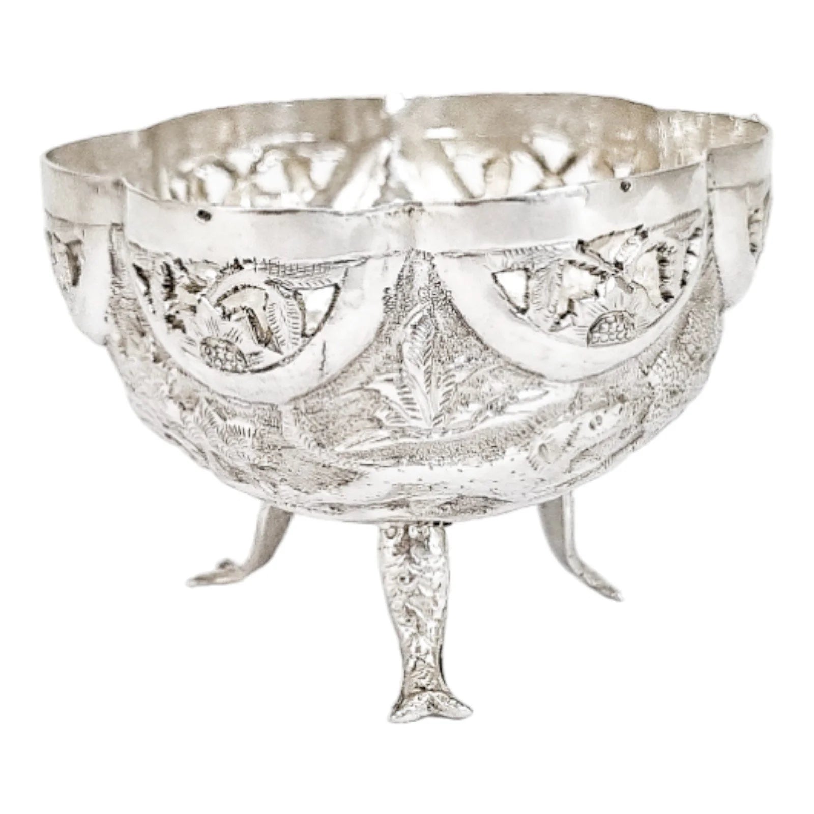 1890's Indian Calcutta silver figural bowl with embossed animal scenes