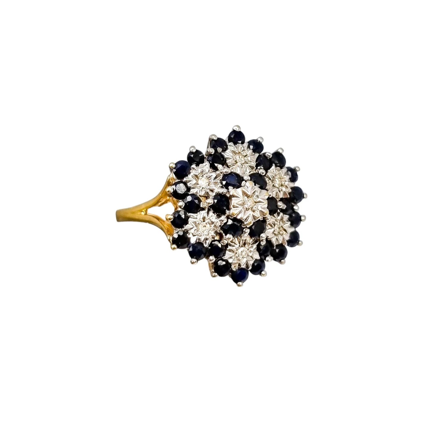 Large vintage sapphire, diamond 9kt yellow gold dome cluster cocktail ring, size R ½