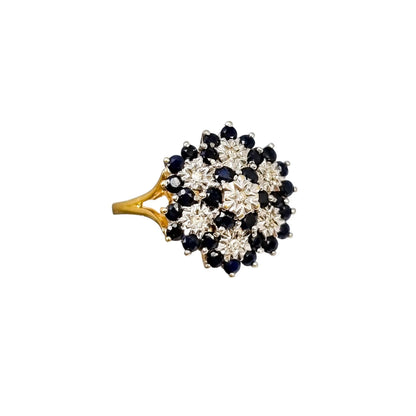 Large vintage sapphire, diamond 9kt yellow gold dome cluster cocktail ring, size R ½