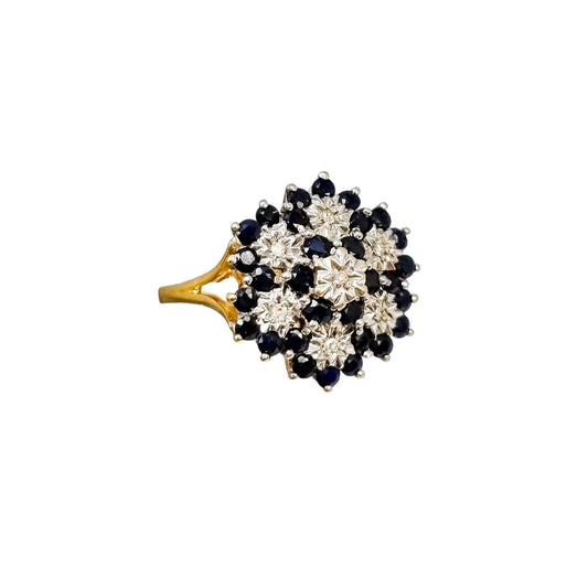 Large vintage sapphire, diamond 9kt yellow gold dome cluster cocktail ring, size R ½