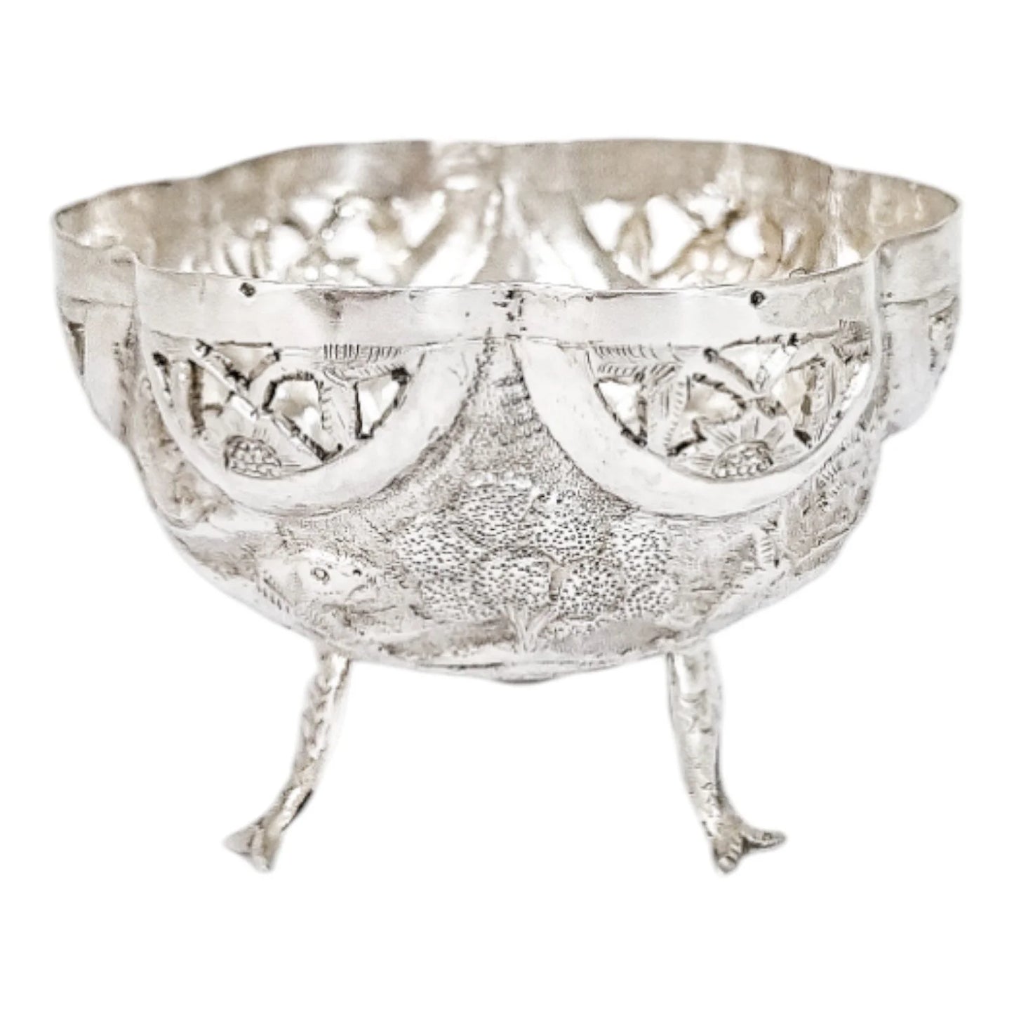 1890's Indian Calcutta silver figural bowl with embossed animal scenes