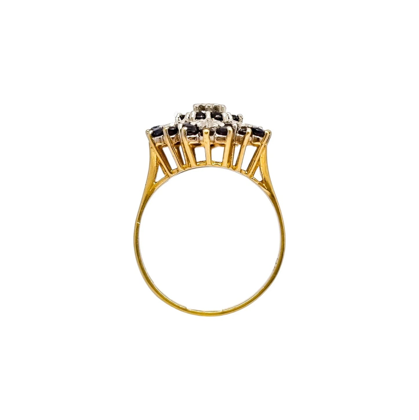 Large vintage sapphire, diamond 9kt yellow gold dome cluster cocktail ring, size R ½