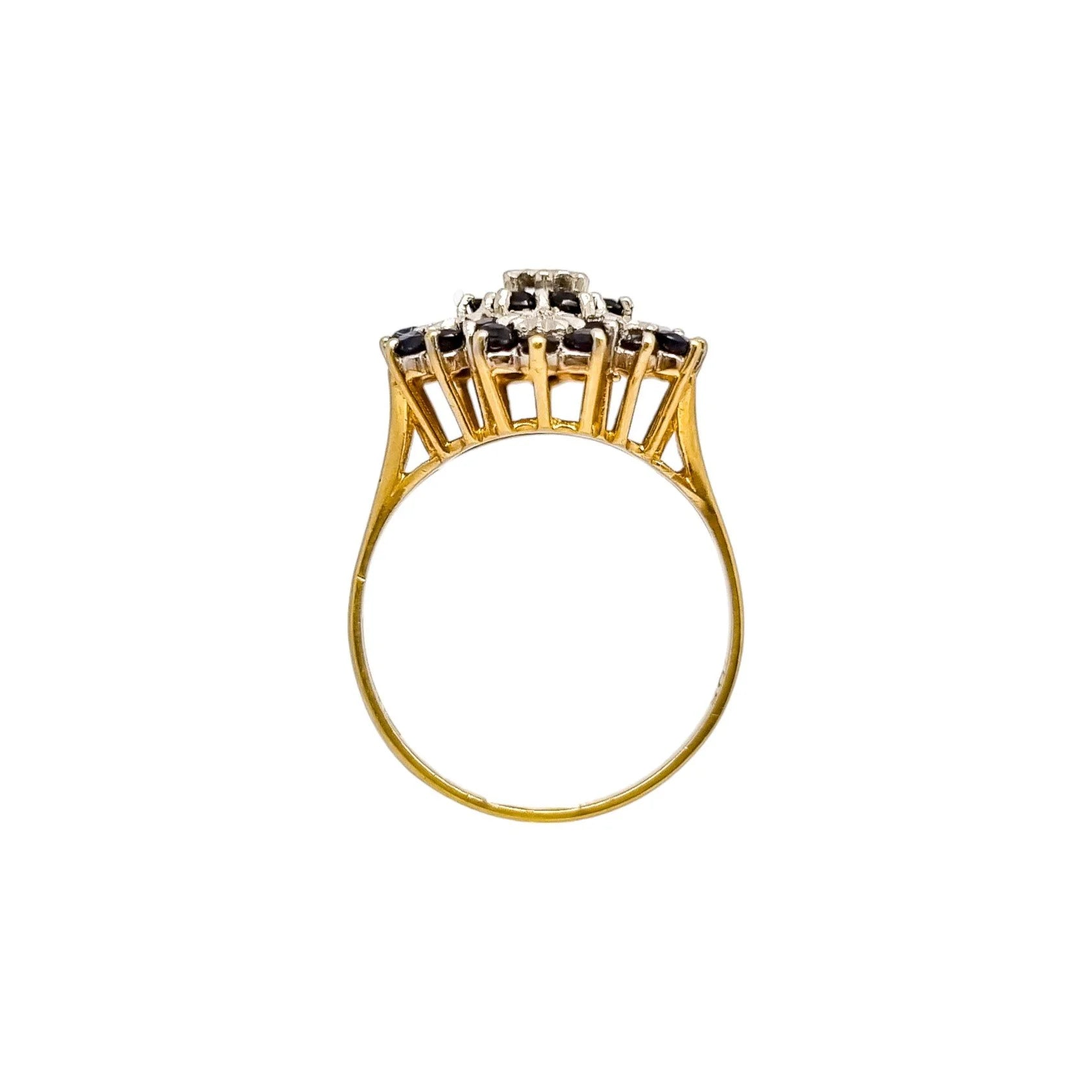 Large vintage sapphire, diamond 9kt yellow gold dome cluster cocktail ring, size R ½