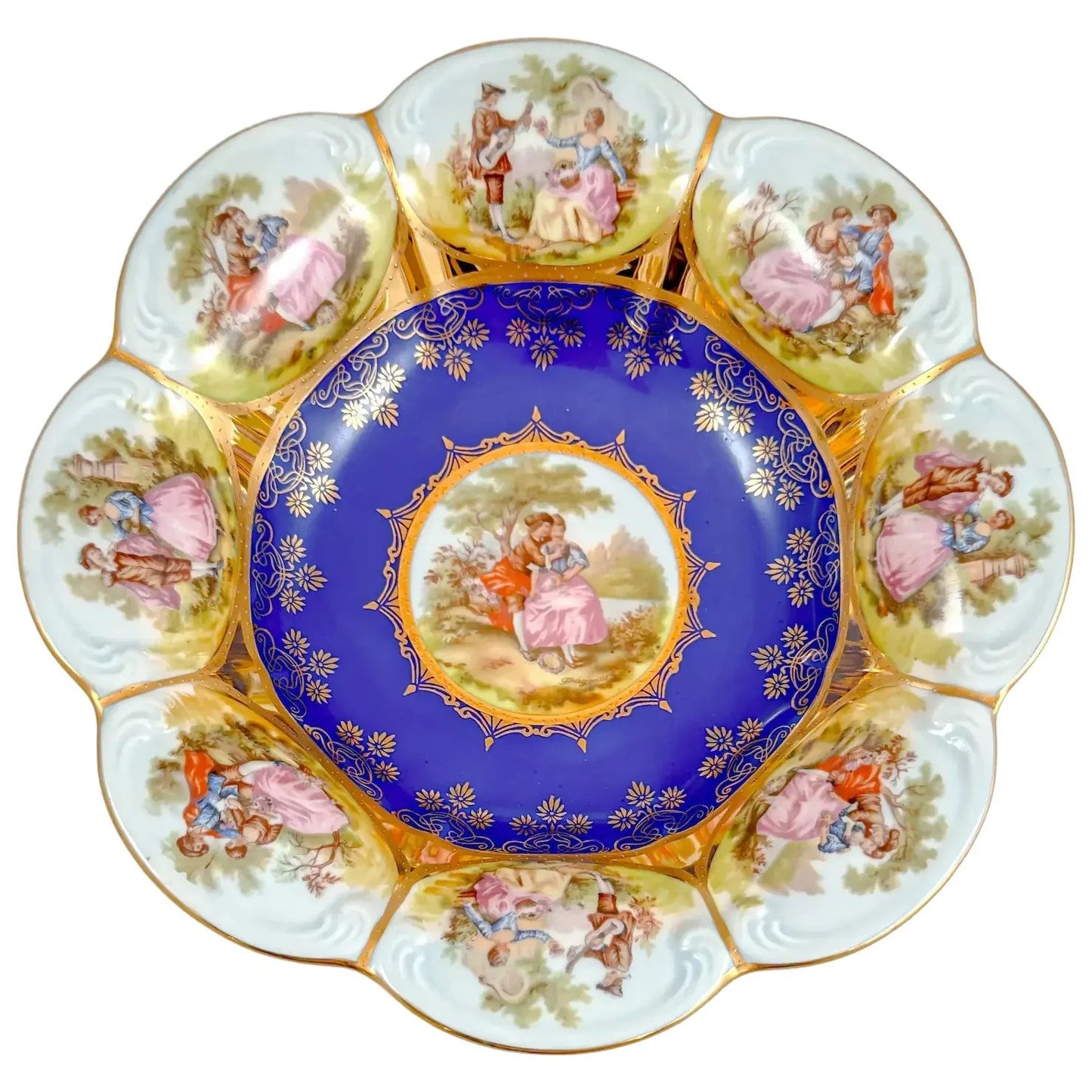 Large Josef Kuba vintage fluted bowl depicting Fragonard courting couples, Karslbad
