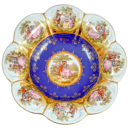Large Josef Kuba vintage fluted bowl depicting Fragonard courting couples, Karslbad