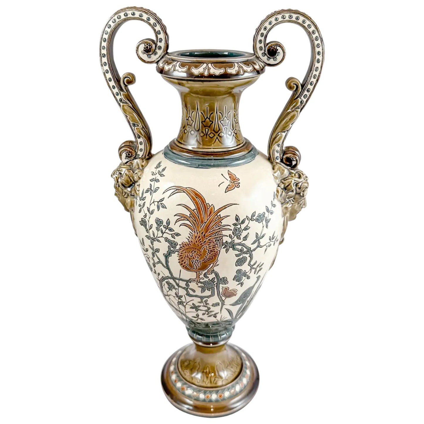 Art Nouveau majolica Gerbing & Stephan double handed vase, Japanese bird motif