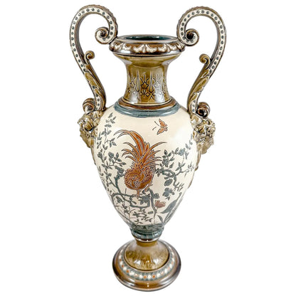 Art Nouveau majolica Gerbing & Stephan double handed vase, Japanese bird motif