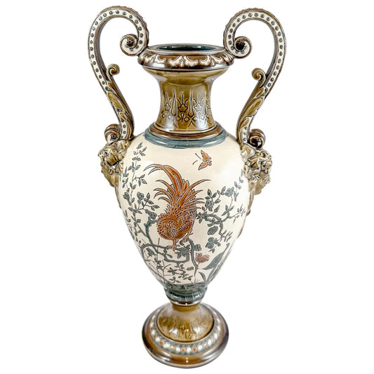 Art Nouveau majolica Gerbing & Stephan double handed vase, Japanese bird motif
