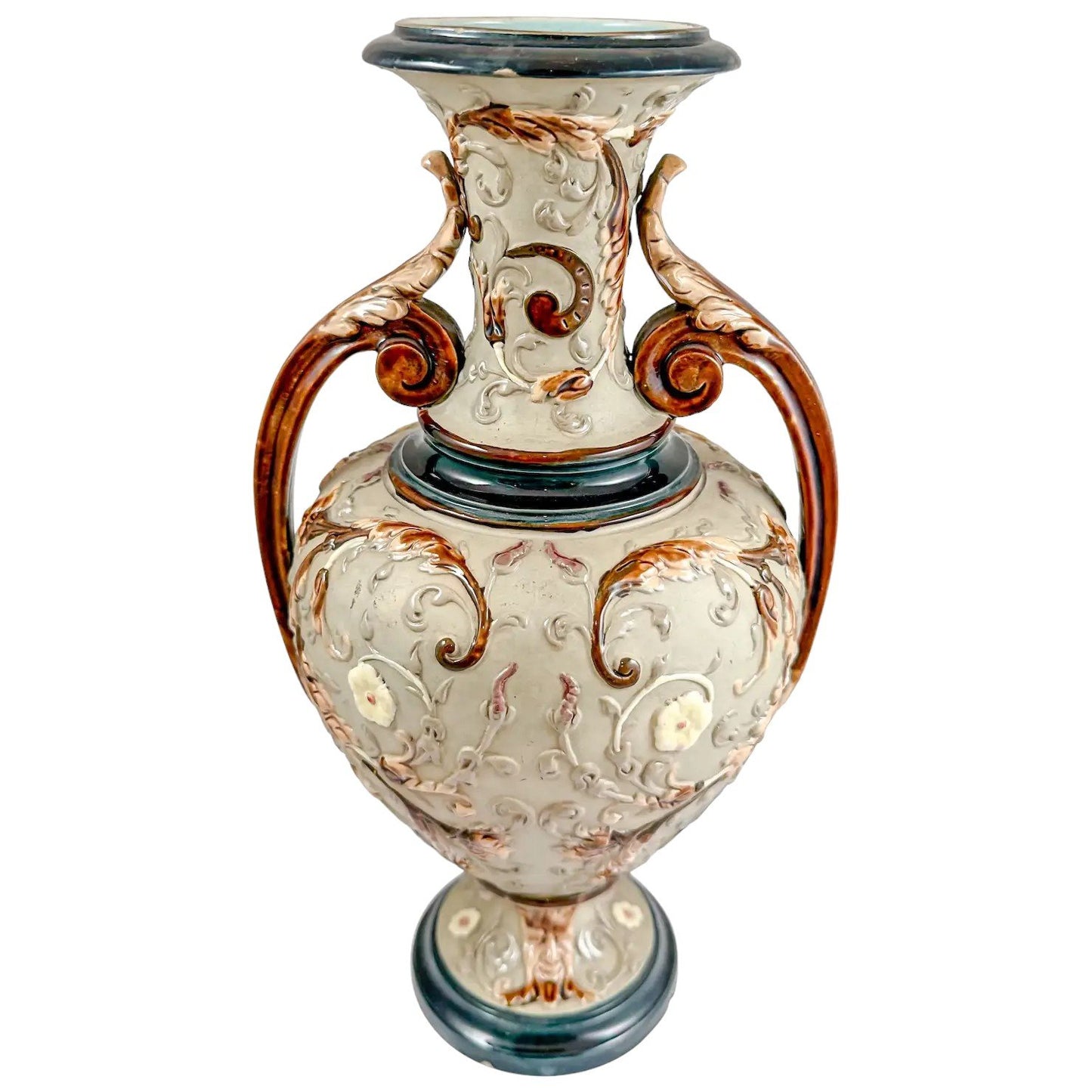Art Nouveau Wilhelm Schiller and Sons majolica pottery double handed vase