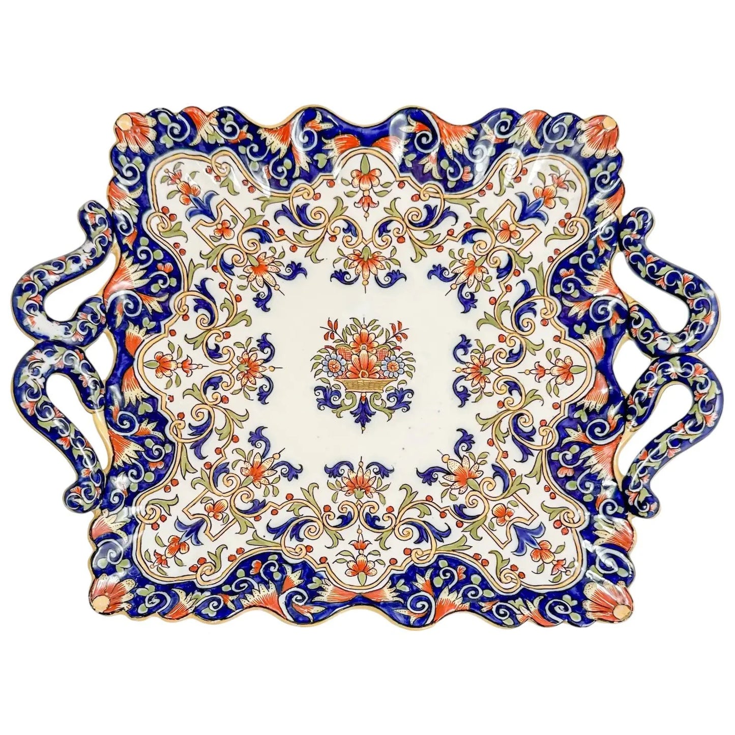 French 1900's Desvres Fourmaintraux faience ceramic floral two-handled tray