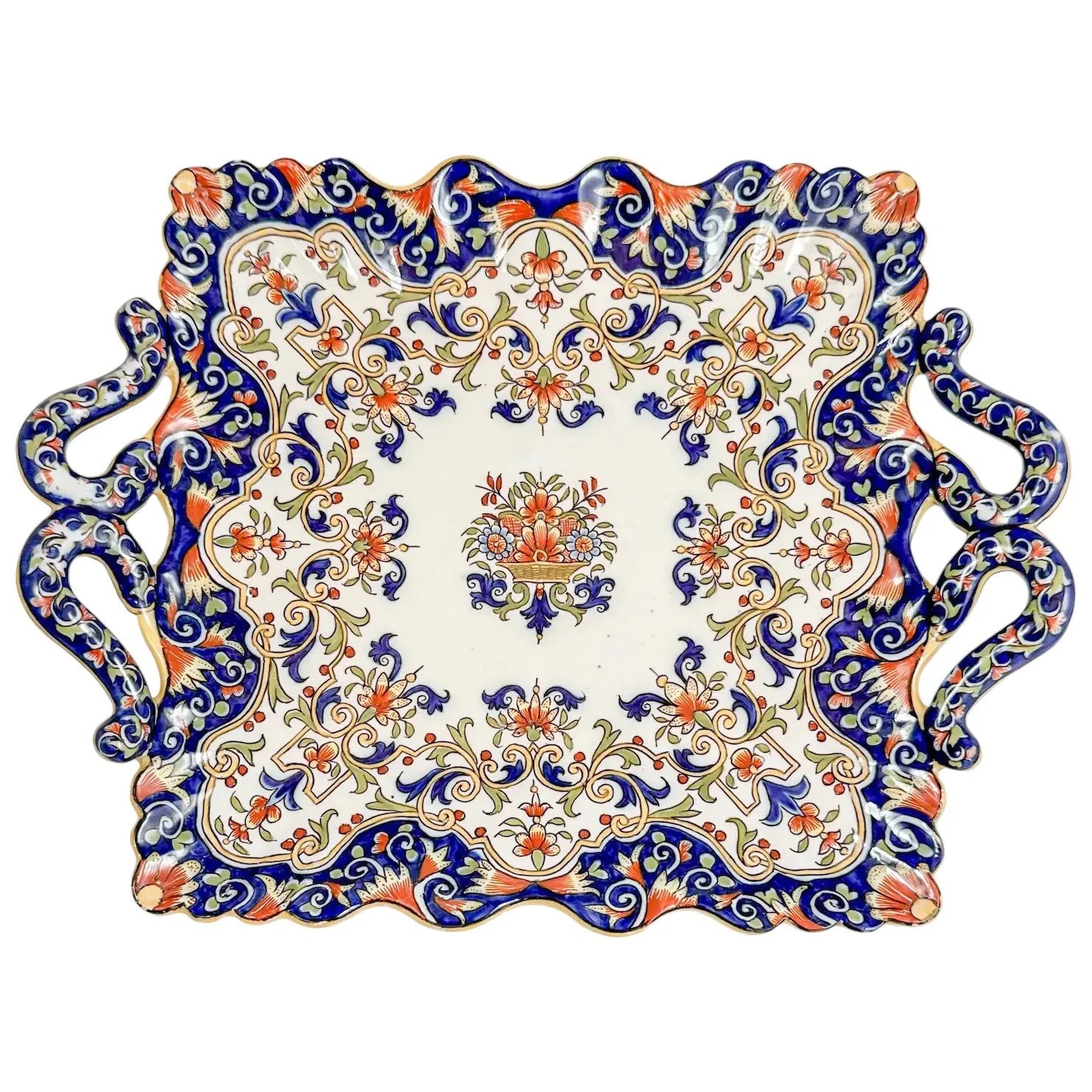 French 1900's Desvres Fourmaintraux faience ceramic floral two-handled tray
