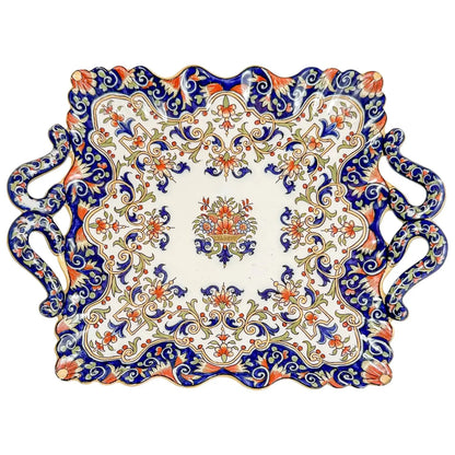 French 1900's Desvres Fourmaintraux faience ceramic floral two-handled tray