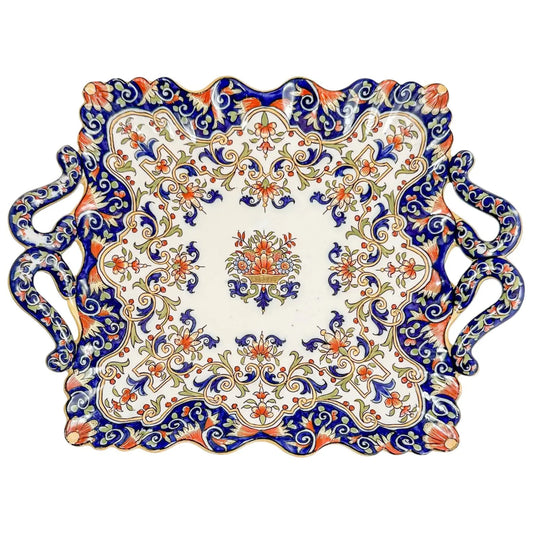 French 1900's Desvres Fourmaintraux faience ceramic floral two-handled tray