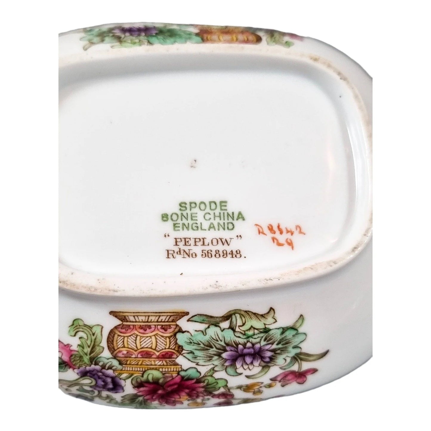 Spode bone china "Peplow" sugar bowl for Harrods, Chinoiserie flowers Rd. 568948