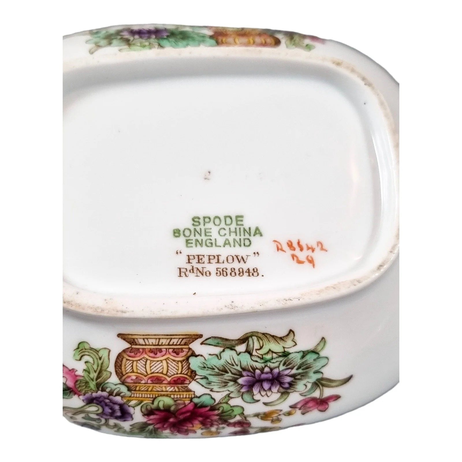 Spode bone china "Peplow" sugar bowl for Harrods, Chinoiserie flowers Rd. 568948