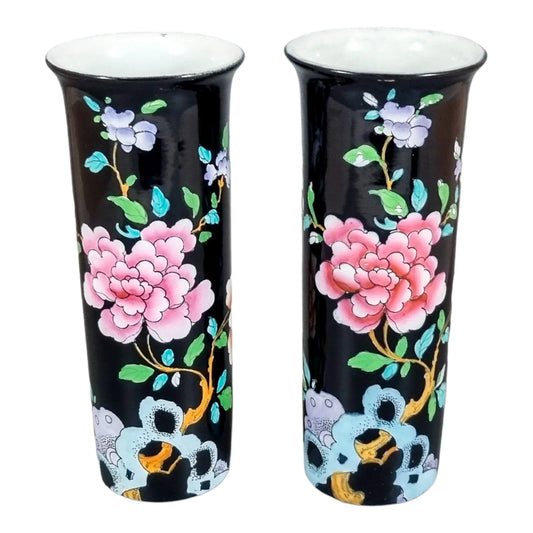 Edwardian Wood & Sons "Sheraton" Chinoiserie polychrome blossom tree cylinder pair of vases
