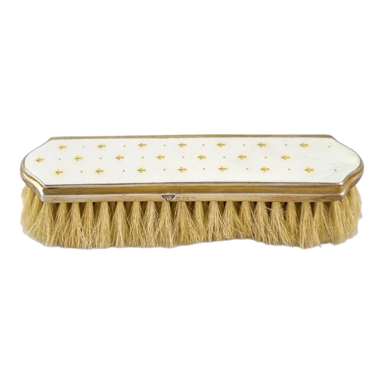 Garrard & Co gilded silver white guilloché enamel clothes brush with gold fleur-de-lis