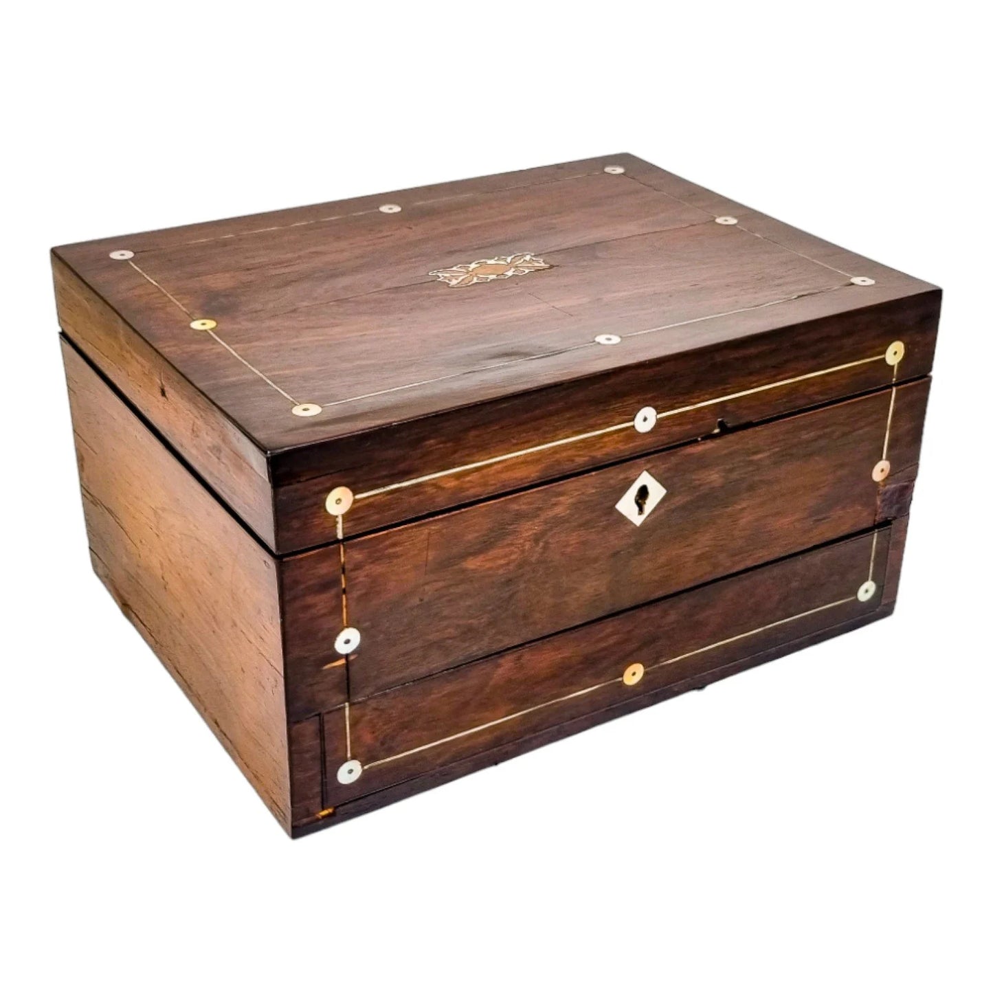 Victorian rosewood jewellery case/ lady's work box inlaid with mother-of-pearl