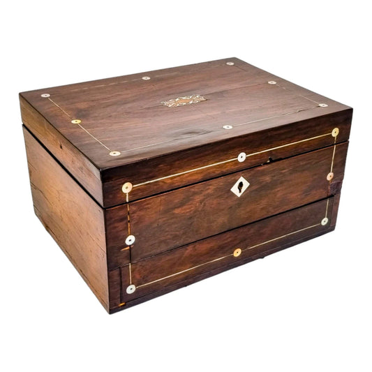Victorian rosewood jewellery case/ lady's work box inlaid with mother-of-pearl