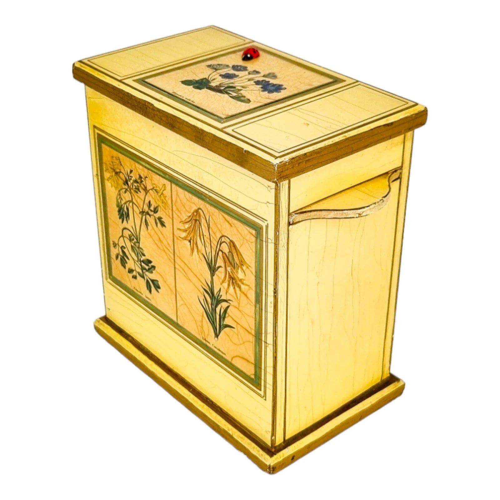Georgian style rustic painted yellow wood storage box with pull out tray and ladybird