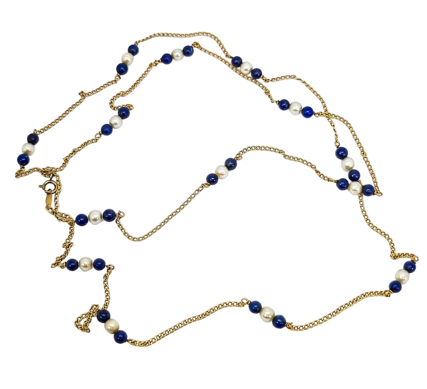 Vintage 14 ct yellow gold chain necklace with pearls and lapis lazuli beads