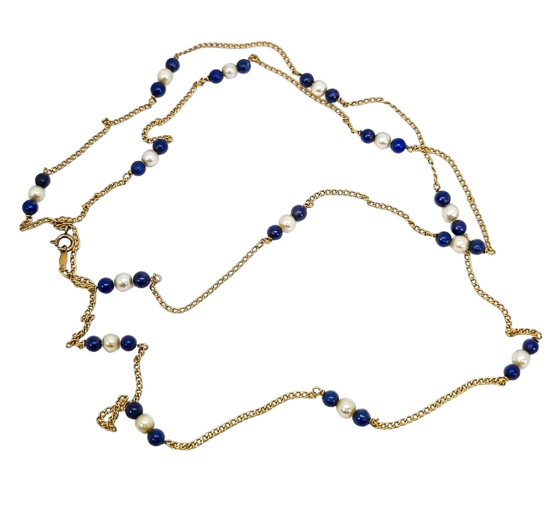 Vintage 14 ct yellow gold chain necklace with pearls and lapis lazuli beads