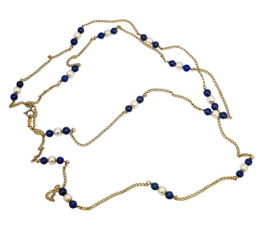 Vintage 14 ct yellow gold chain necklace with pearls and lapis lazuli beads