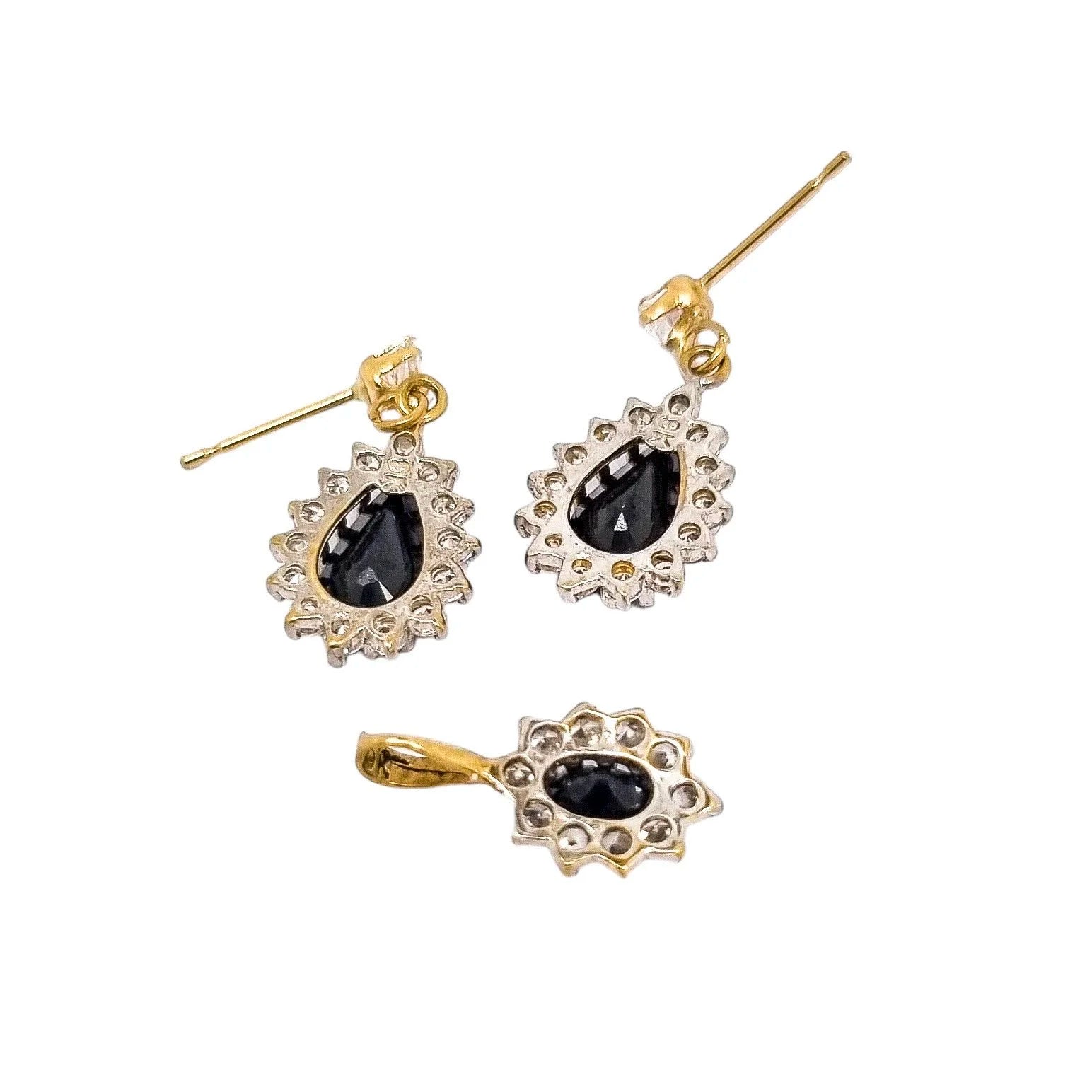 Elegant 9ct yellow gold teardrop sapphire dangle cluster halo earrings and pendant set