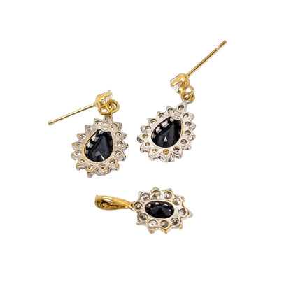 Elegant 9ct yellow gold teardrop sapphire dangle cluster halo earrings and pendant set