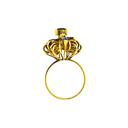 Vintage 14ct yellow gold sapphire navette floral cluster statement ring, 6.86g, M ½