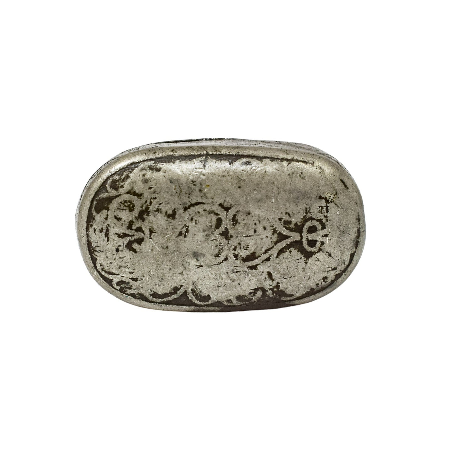 18th century Continental pewter snuff box engraved with scrolls and figures