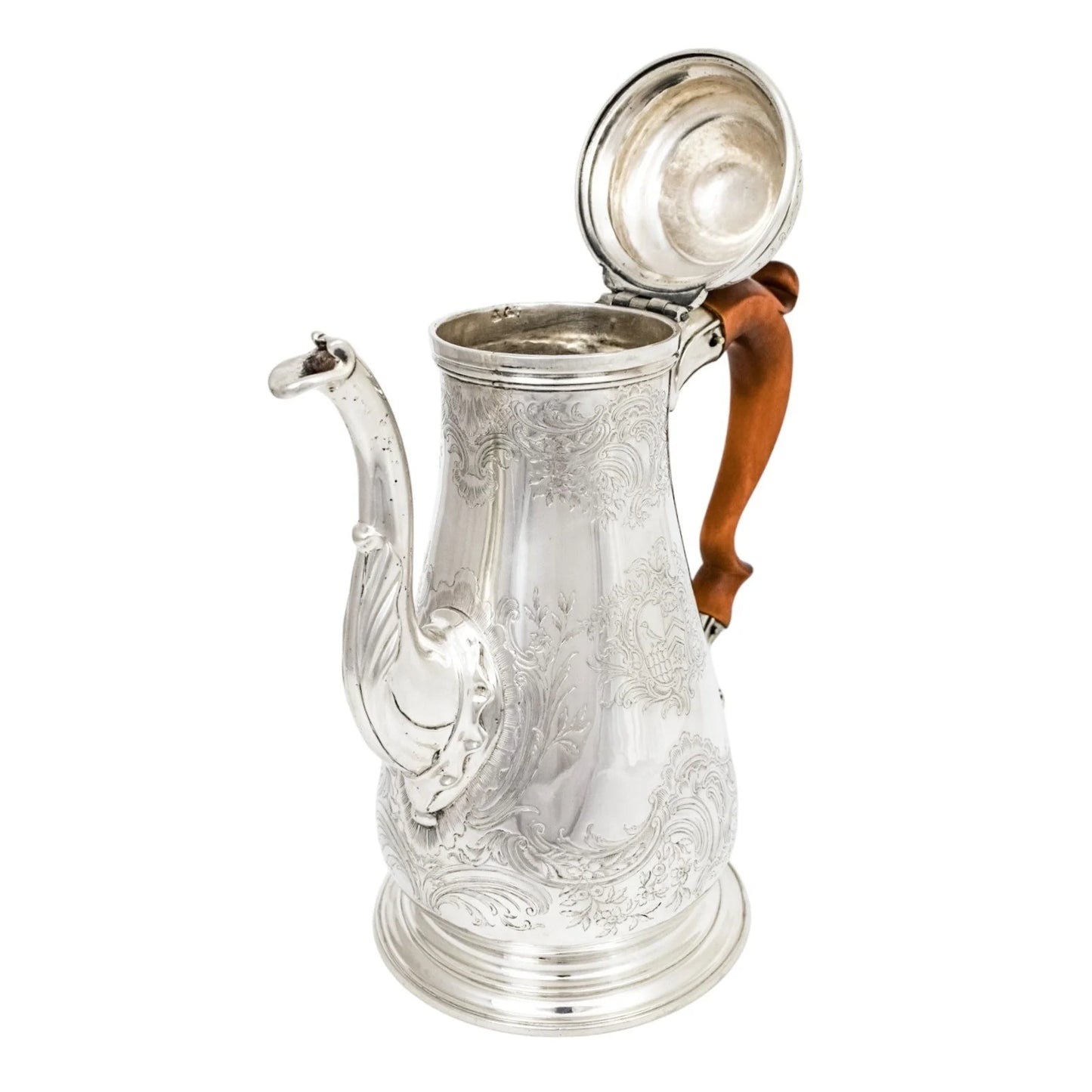 1740s George II Rococo sterling silver coffee pot with armorials and fruitwood handle