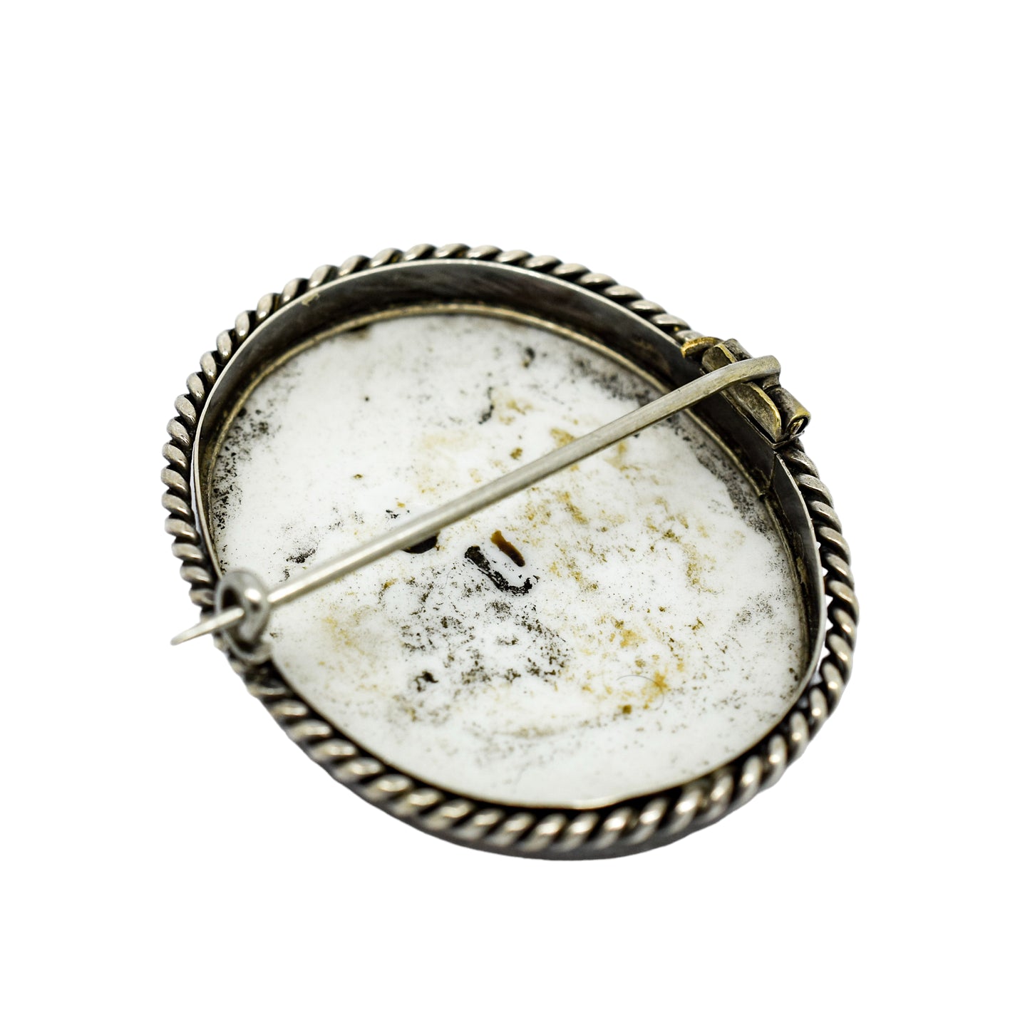 Victorian hand-painted porcelain portrait of a boy brooch in twisted rope silver frame