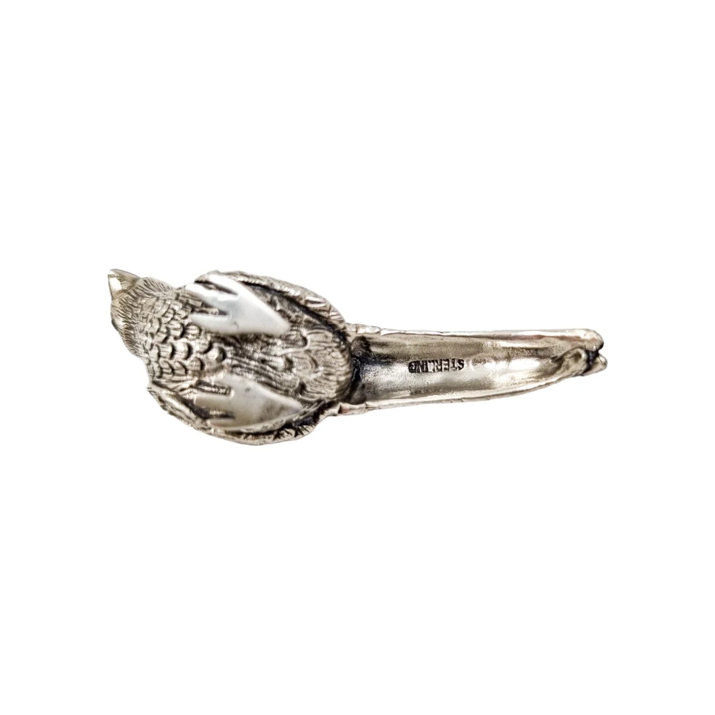 Edwardian style sterling silver bird pheasant pin cushion with ruby red eyes