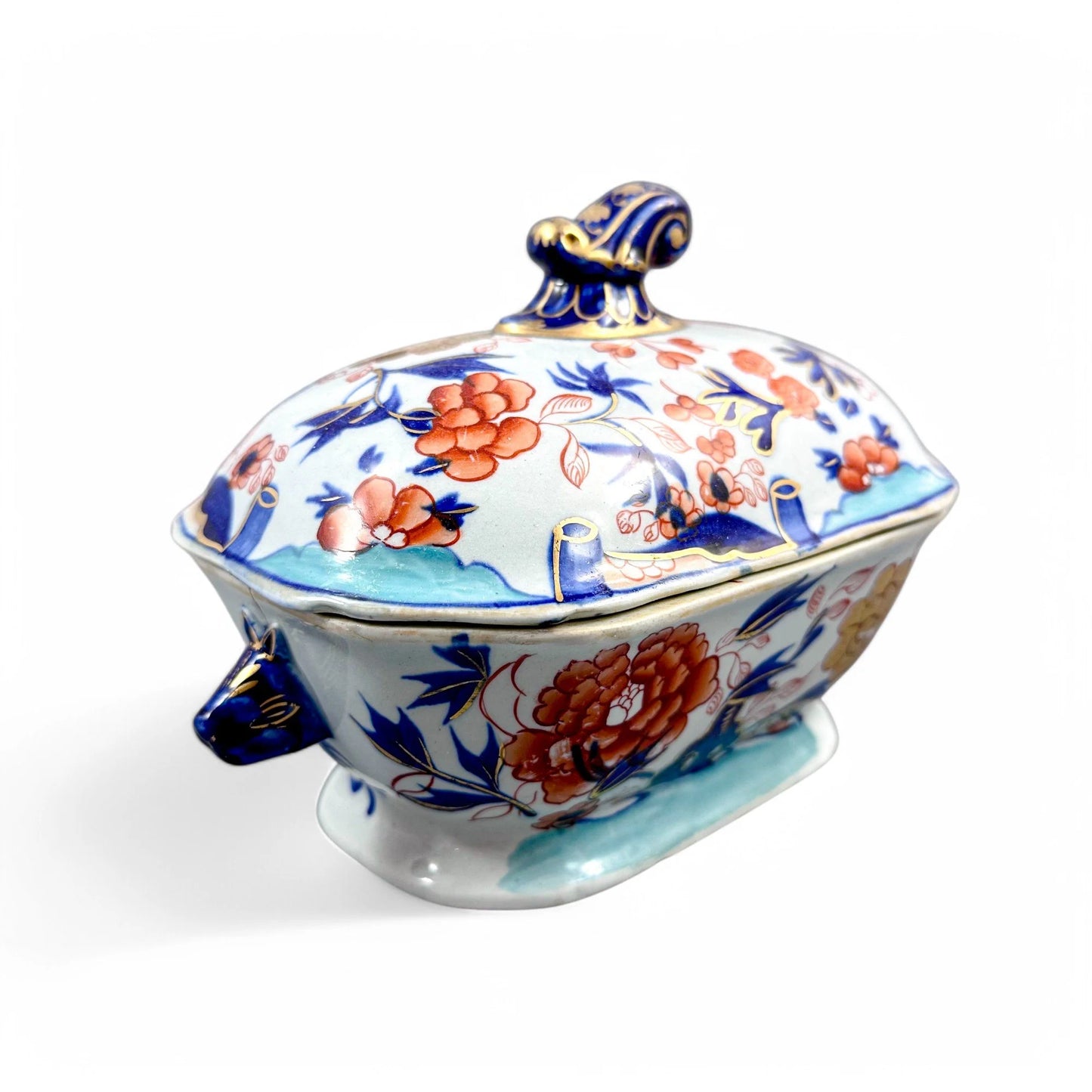Rare Mason’s Ironstone sauce tureen, "Oyster Pattern" with turquoise base, hand-painted Regency period, circa 1815–1825
