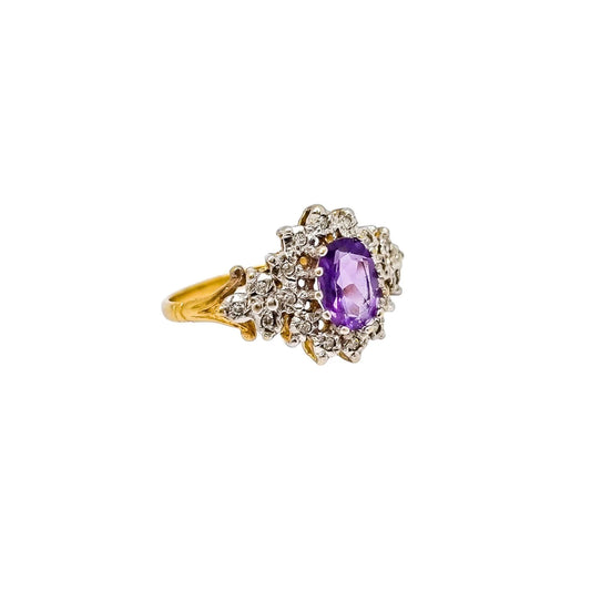 Vintage diamond and amethyst floral cluster halo ring in original box, size L