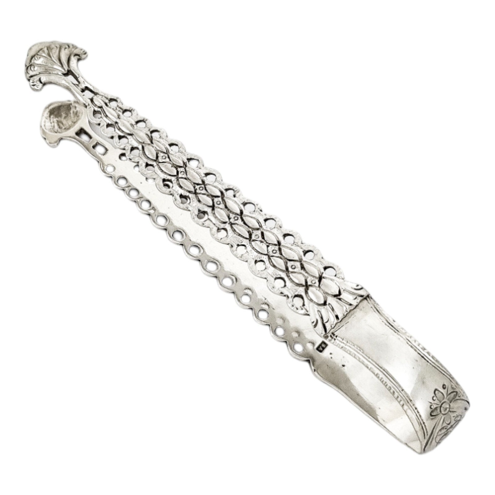 George III large fancy sterling silver sugar tongs with shell bowls, Stephen Adams
