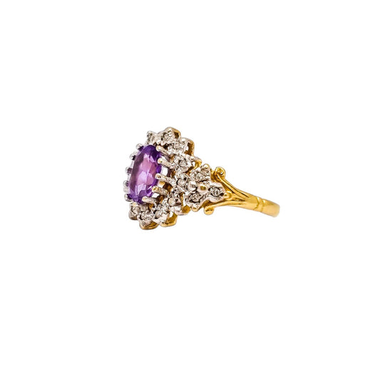 Vintage diamond and amethyst floral cluster halo ring in original box, size L