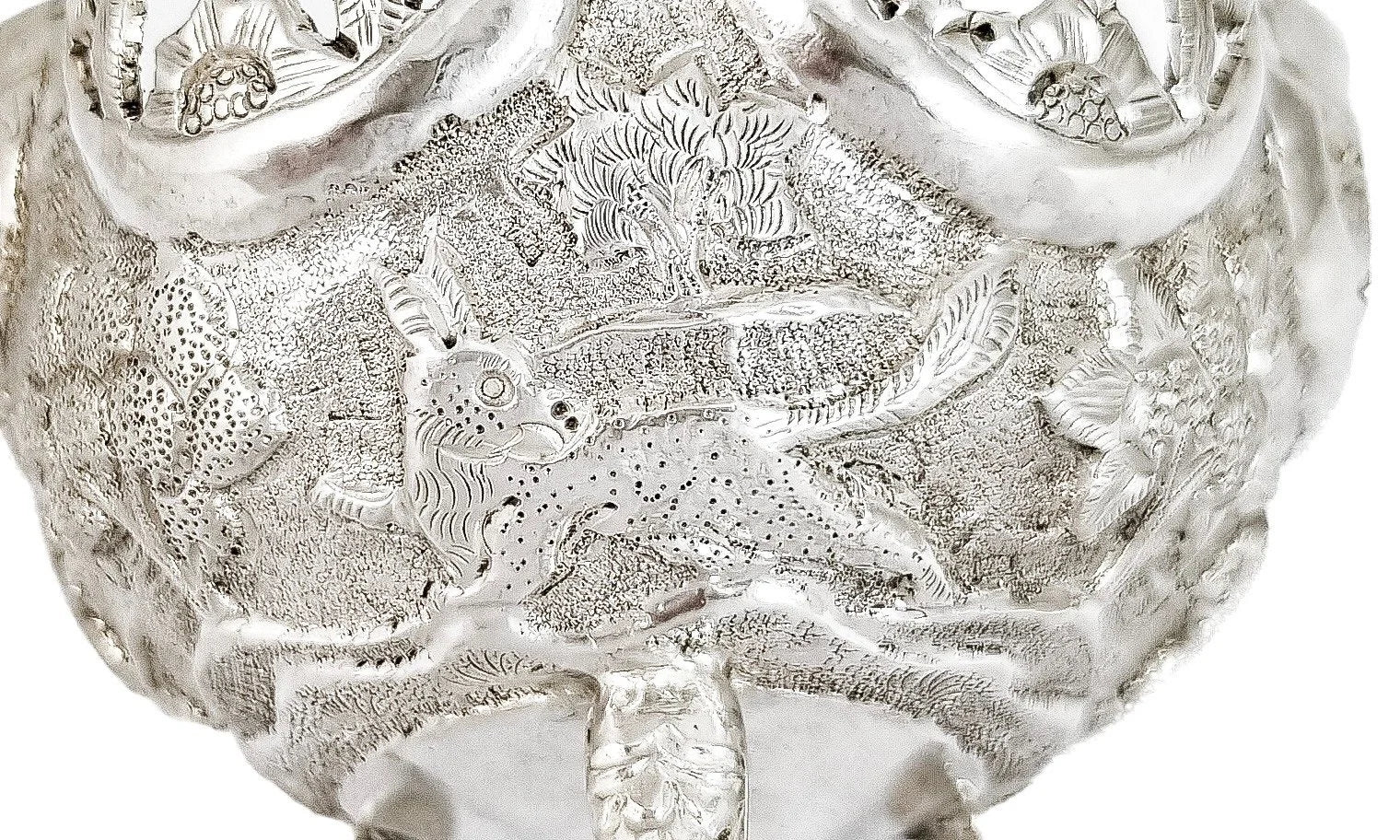 1890's Indian Calcutta silver figural bowl with embossed animal scenes