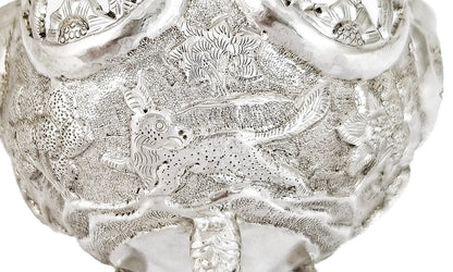 1890's Indian Calcutta silver figural bowl with embossed animal scenes