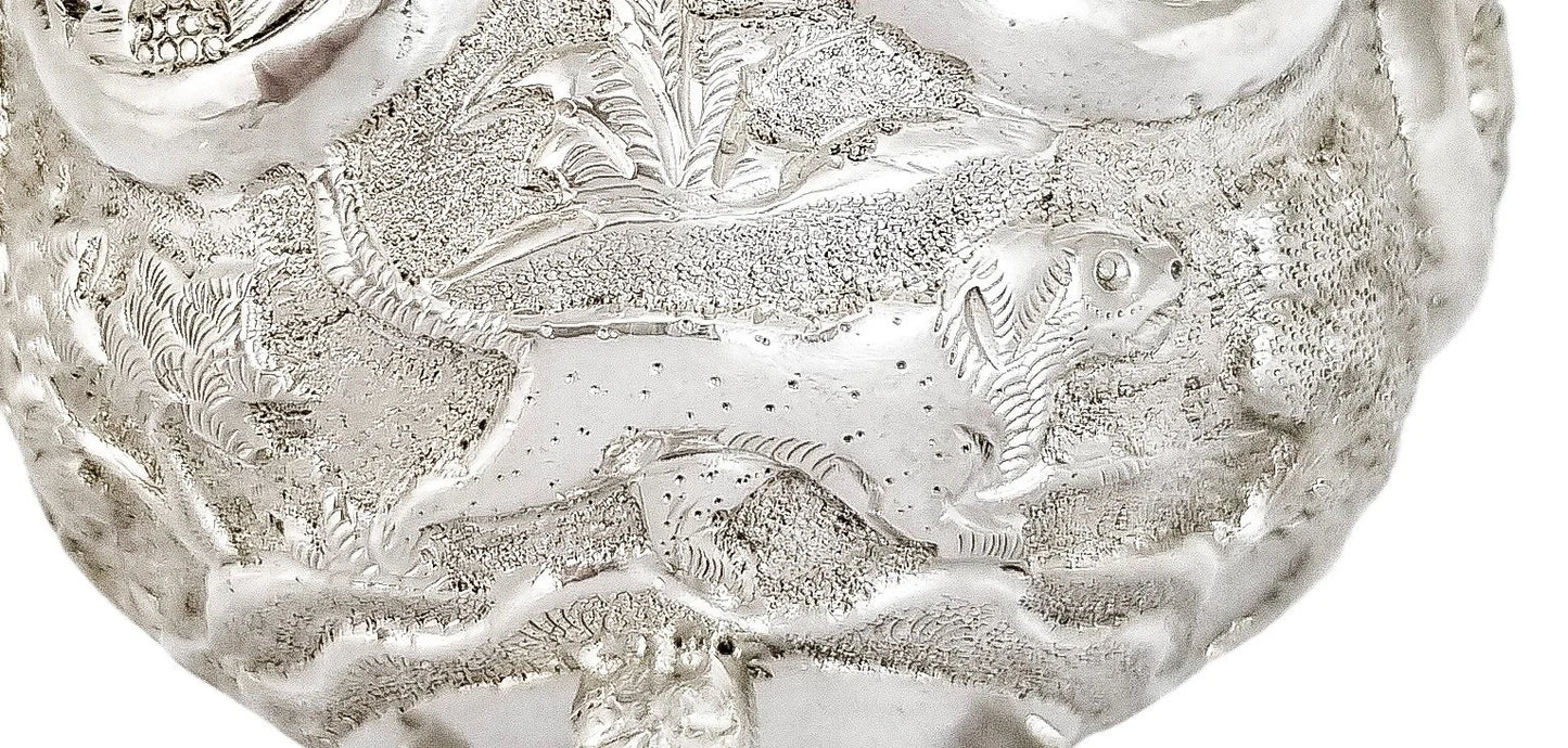 1890's Indian Calcutta silver figural bowl with embossed animal scenes
