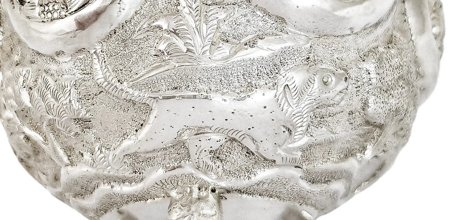 1890's Indian Calcutta silver figural bowl with embossed animal scenes