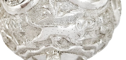 1890's Indian Calcutta silver figural bowl with embossed animal scenes