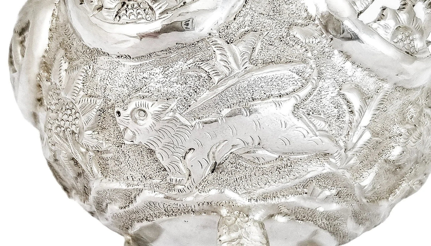 1890's Indian Calcutta silver figural bowl with embossed animal scenes
