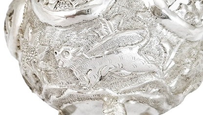 1890's Indian Calcutta silver figural bowl with embossed animal scenes